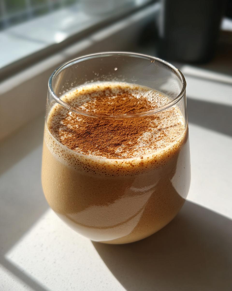 Close-up of a glass filled with creamy, blended coquito topped generously with ground cinnamon.