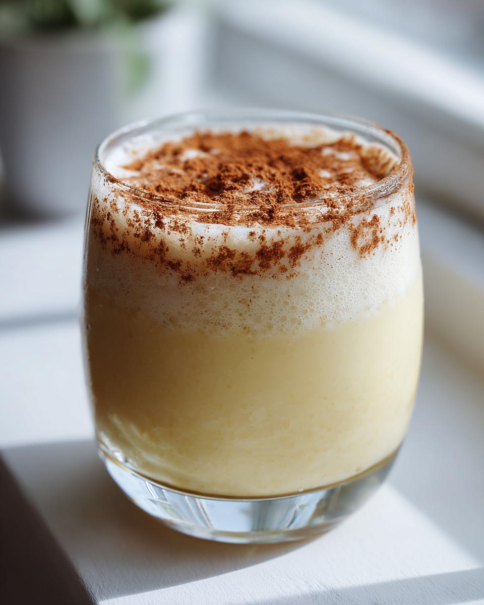 A glass of creamy, yellow coquito recipe topped with a thick layer of foam and dusted heavily with ground cinnamon.