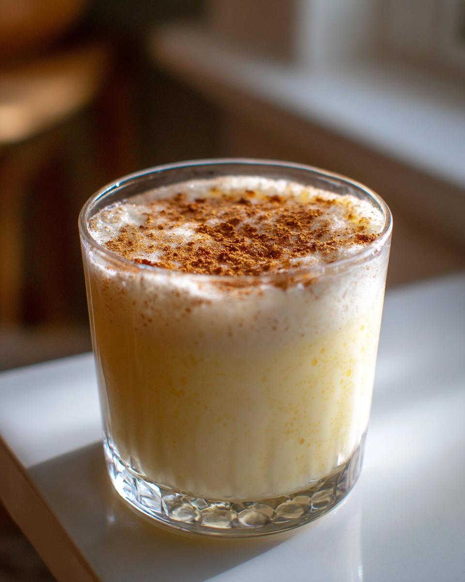 Close-up of a glass filled with creamy, pale yellow coquito recipe drink, topped with ground cinnamon.