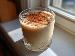 A glass filled with creamy coquito recipe, garnished generously with ground cinnamon, sitting on a sunlit windowsill.