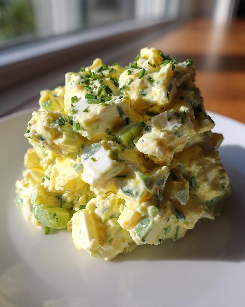 A scoop of creamy, chunky egg salad recipe garnished with fresh chopped chives, served on a white plate.