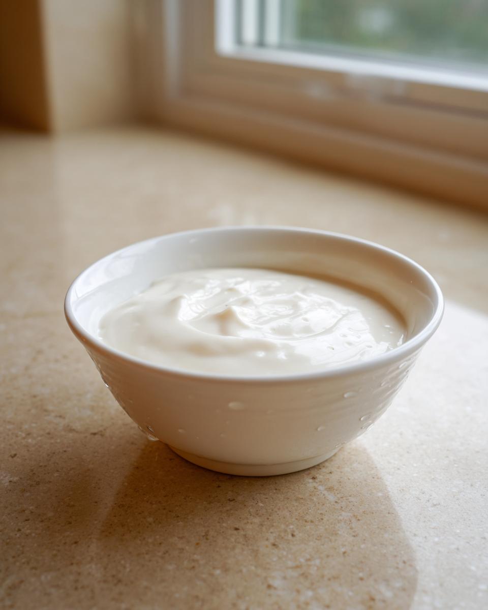 A small white bowl filled with thick, creamy garlic sauce resting on a light countertop.