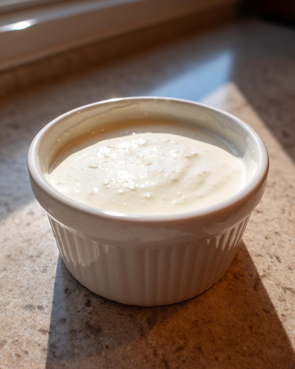 A small white ramekin filled with creamy, white garlic sauce, sitting on a speckled countertop in bright sunlight.