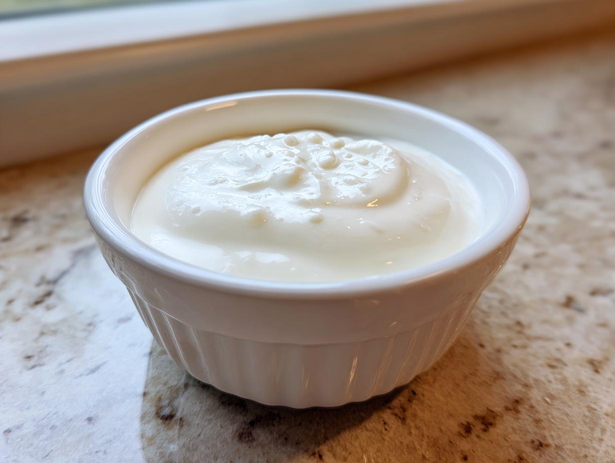 Close-up of a small white ramekin filled with thick, creamy garlic sauce, resting on a speckled countertop.