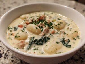 A close-up of a white bowl filled with creamy gnocchi soup, featuring tender gnocchi, chicken, spinach, and fresh parsley.