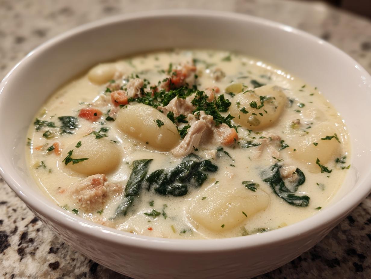 A close-up of a white bowl filled with creamy gnocchi soup, featuring tender gnocchi, chicken, spinach, and fresh parsley.