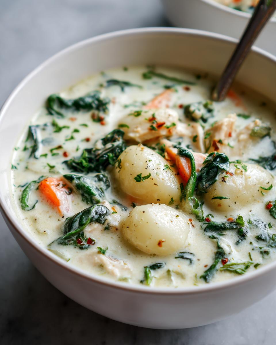 Close-up of a creamy gnocchi soup bowl featuring soft gnocchi, wilted spinach, and carrots.