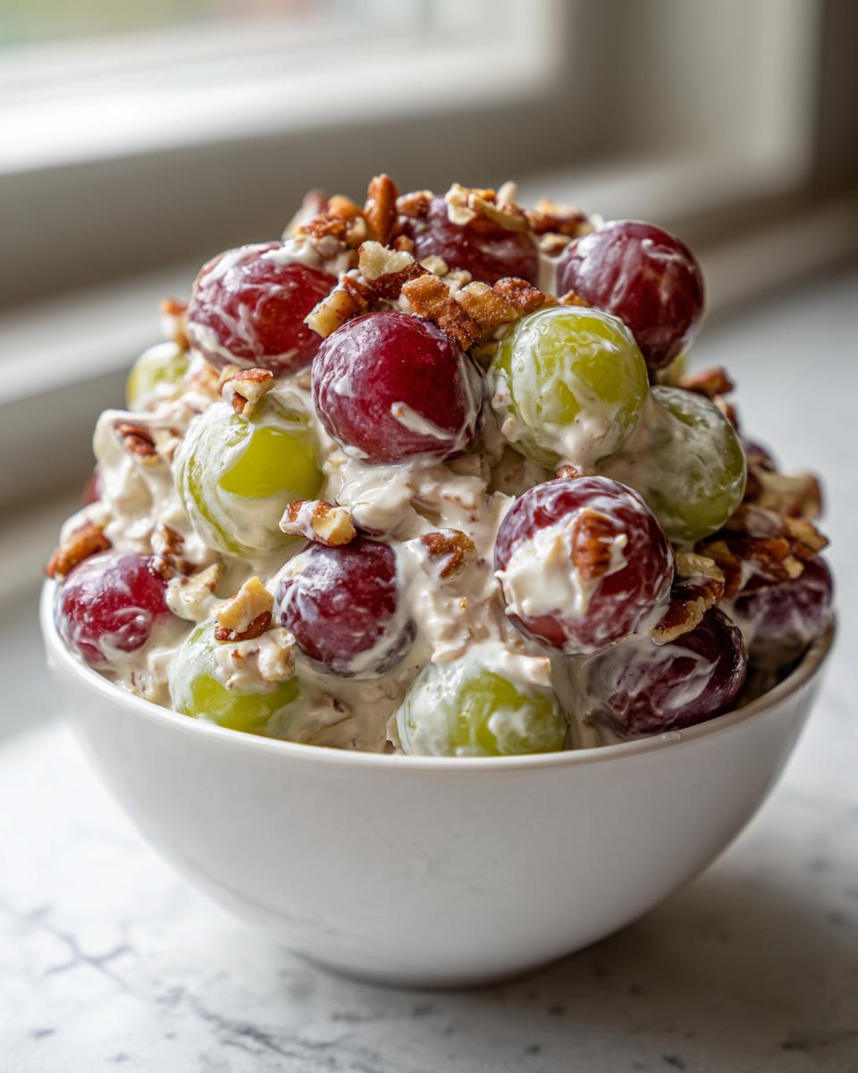 A white bowl filled with creamy chicken salad chick grape salad, topped with red and green grapes and chopped pecans.