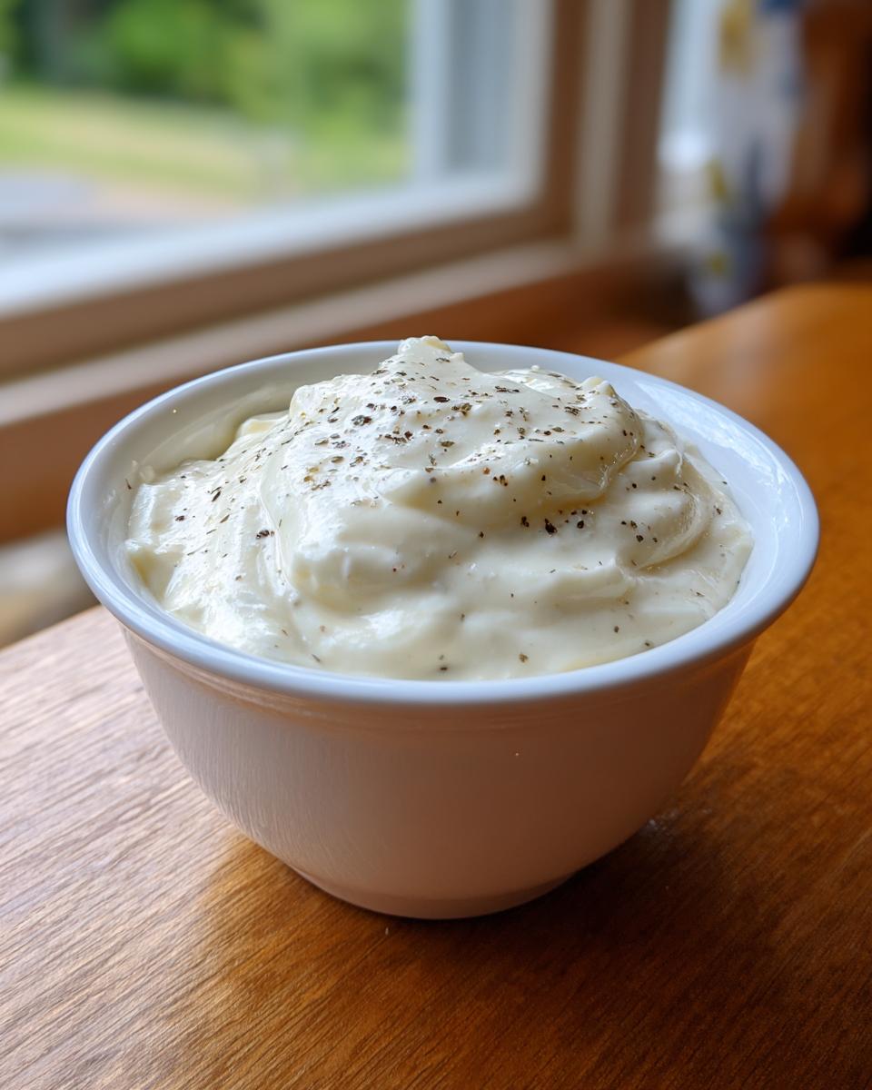 A white bowl filled with thick, creamy homemade alfredo sauce, topped with cracked black pepper.
