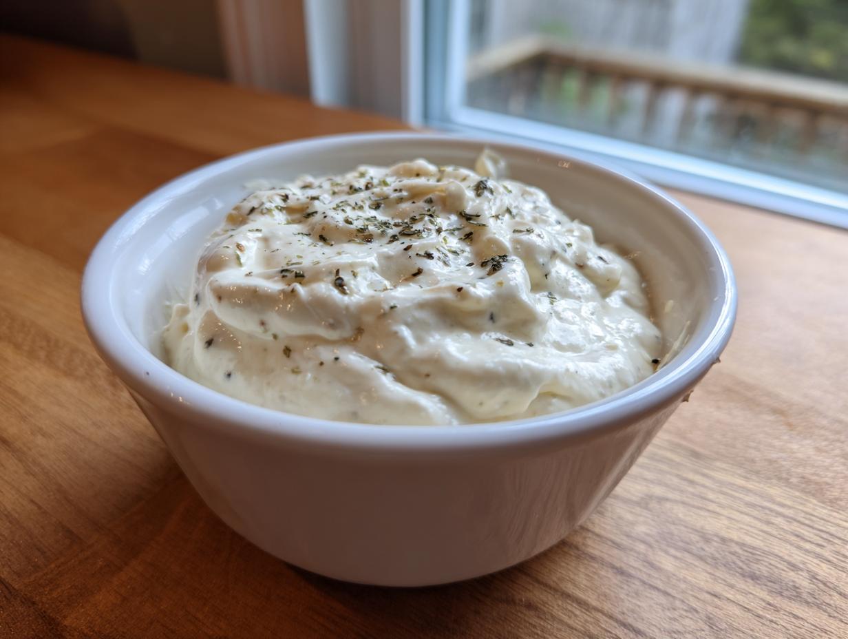 A small white bowl filled with thick, creamy homemade alfredo sauce, topped with dried herbs.