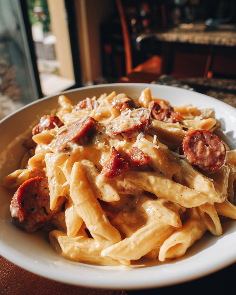Close-up of a bowl filled with creamy kielbasa pasta, featuring penne coated in a rich sauce and topped with sliced sausage.