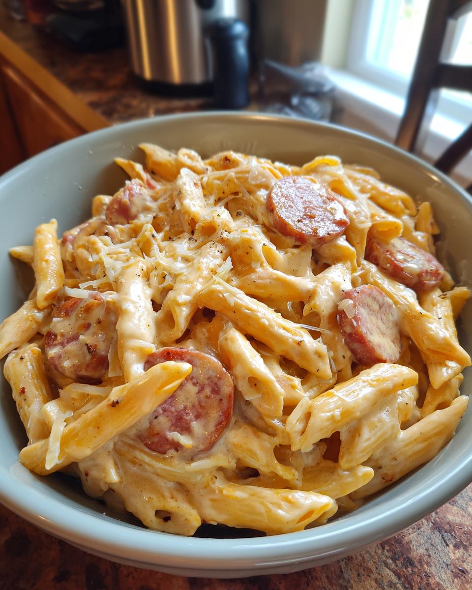 Close-up of creamy kielbasa pasta featuring penne noodles, sliced smoked sausage, and grated cheese.