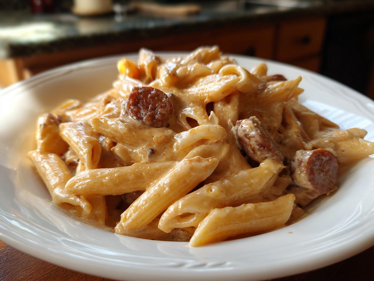Close-up of creamy kielbasa pasta featuring penne mixed in a rich, orange-hued sauce with sliced sausage.