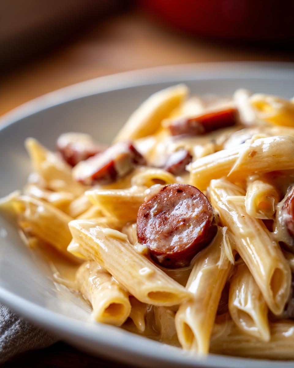 Close-up of creamy kielbasa pasta featuring penne noodles coated in a rich sauce and topped with sliced smoked sausage.