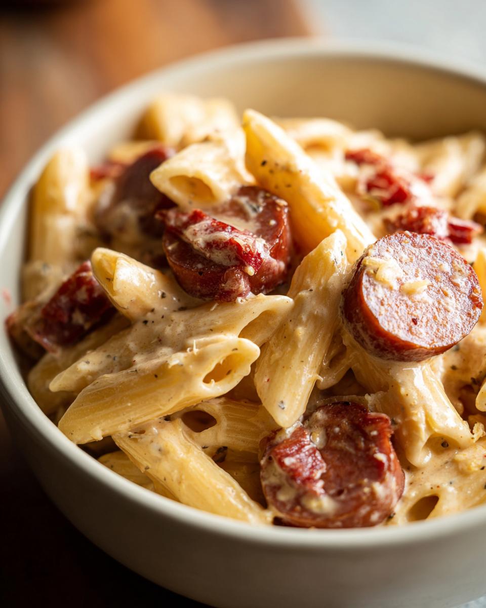Close-up of creamy penne pasta mixed with sliced, browned kielbasa in a light-colored bowl, featuring the kielbasa pasta dish.