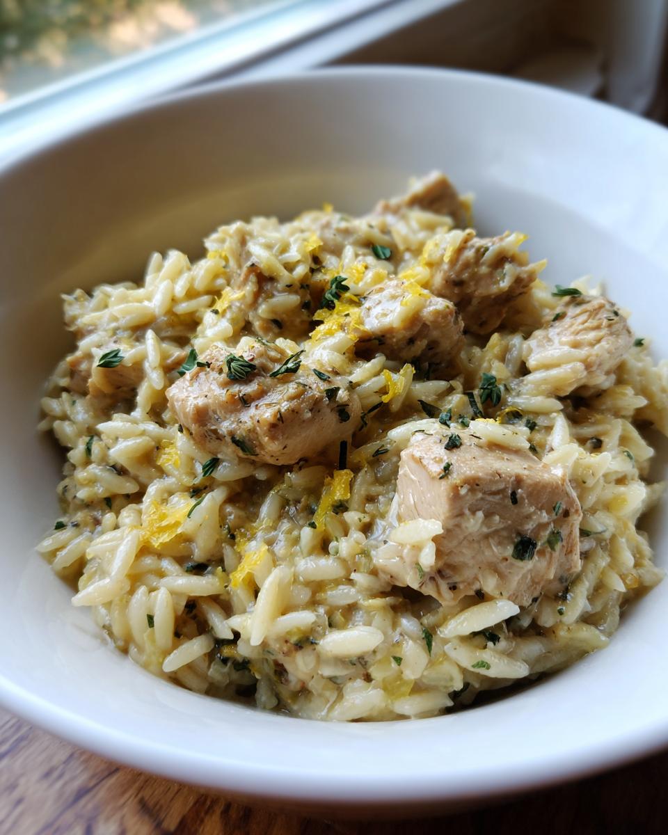 Close-up of creamy lemon chicken orzo topped with lemon zest and fresh herbs in a white bowl.