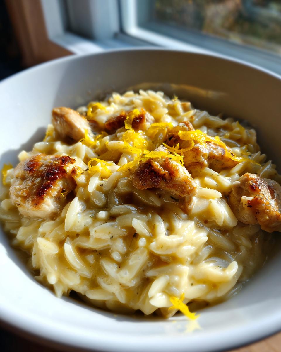 Close-up of creamy lemon chicken orzo topped with seared chicken pieces and bright lemon zest.