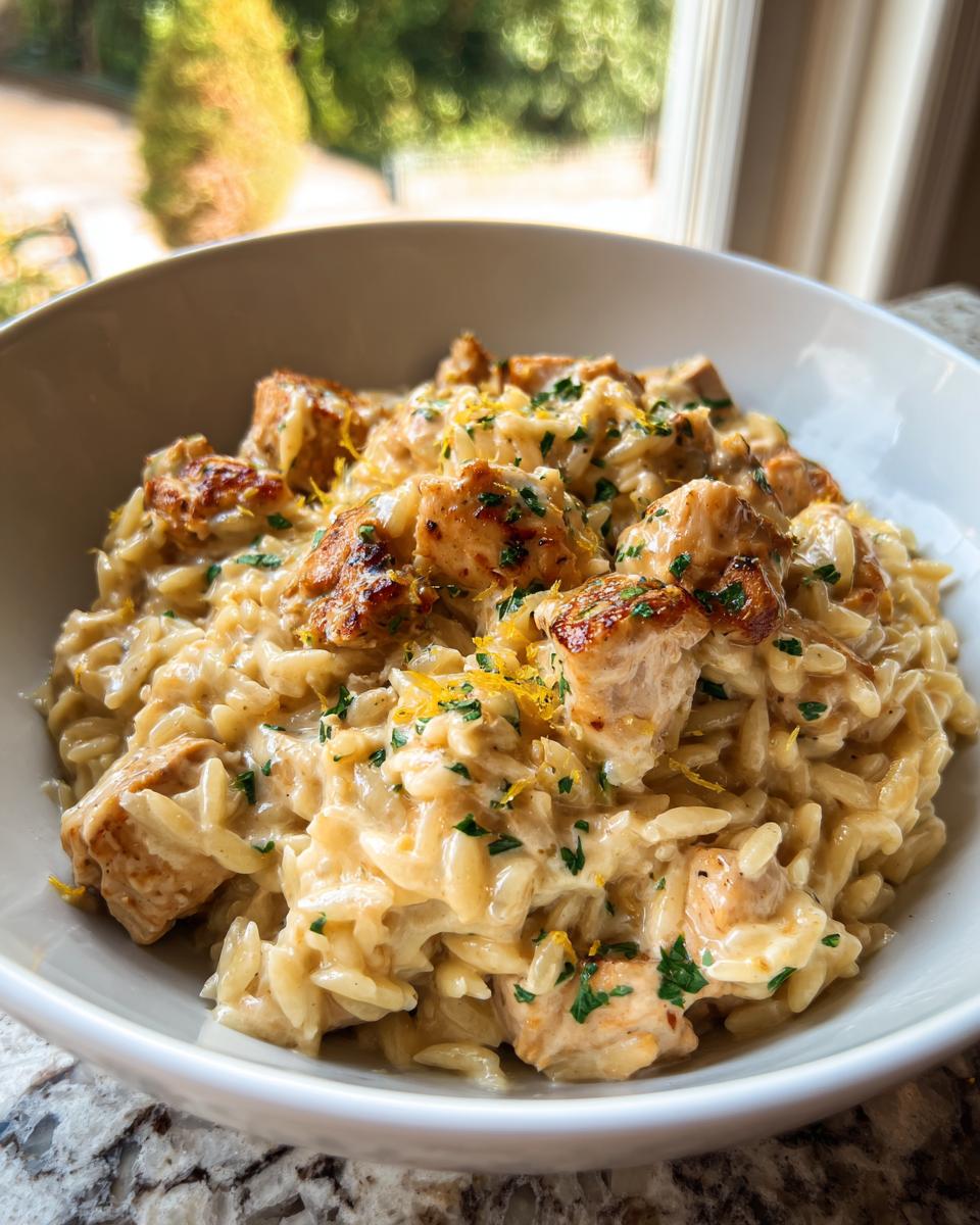 Close-up of creamy lemon chicken orzo topped with fresh parsley and lemon zest in a white bowl.