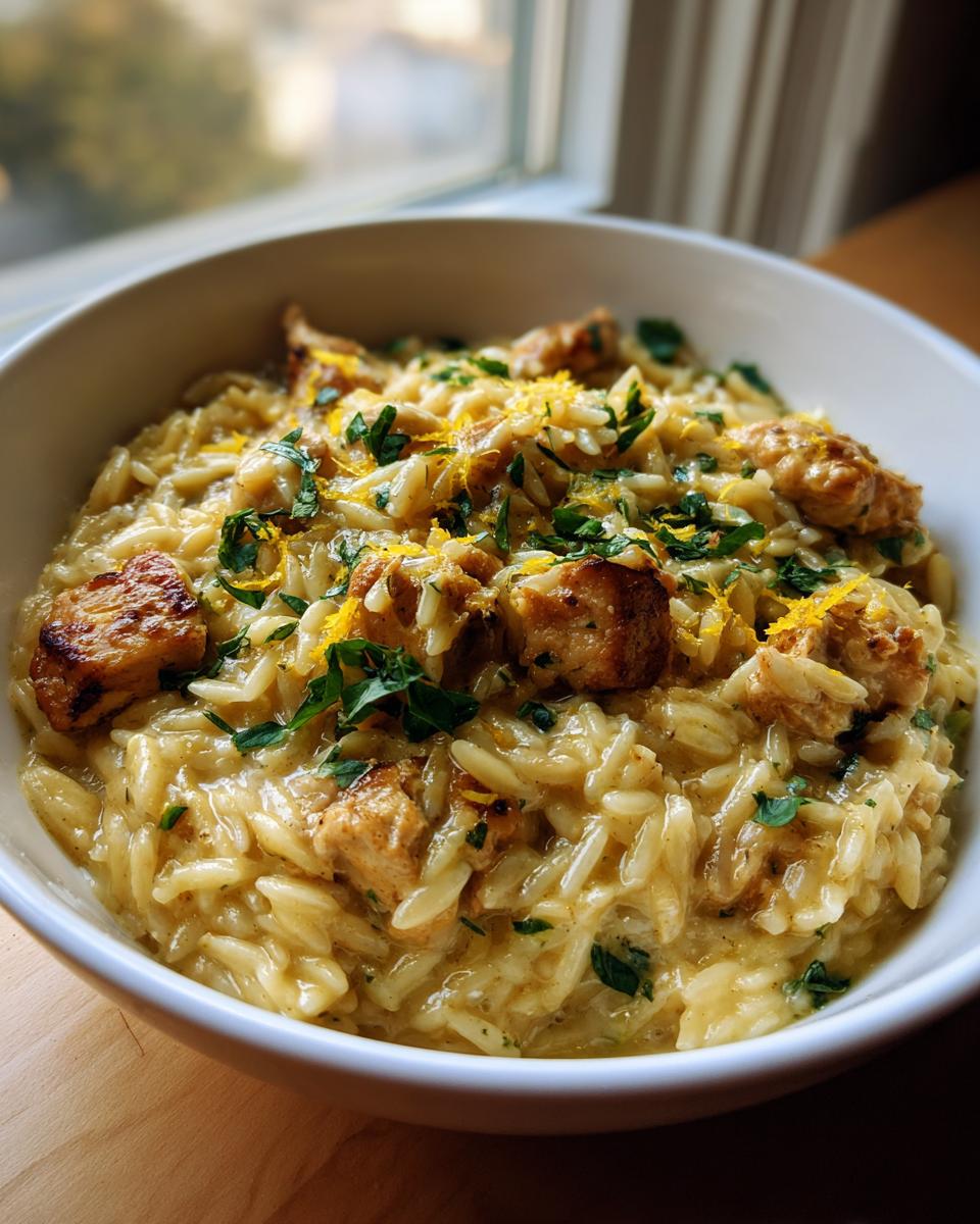 Close-up of creamy lemon chicken orzo topped with chicken pieces, parsley, and bright lemon zest.
