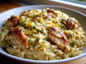 Close-up of creamy lemon chicken orzo topped with seared chicken pieces, lemon zest, and fresh dill.
