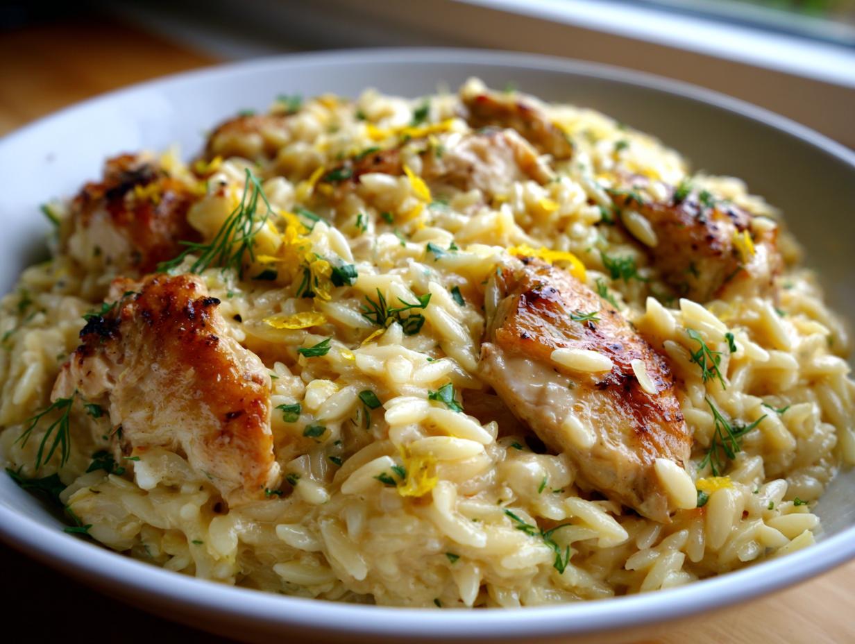 Close-up of creamy lemon chicken orzo topped with seared chicken pieces, lemon zest, and fresh dill.