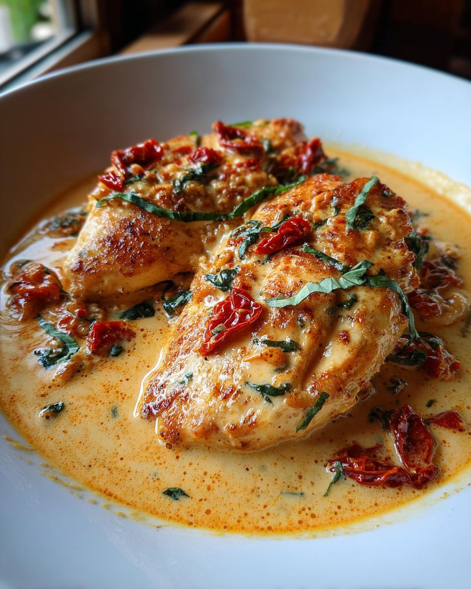 Two seared chicken breasts smothered in a rich, creamy sauce with sun-dried tomatoes and fresh basil, known as Marry Me Chicken.
