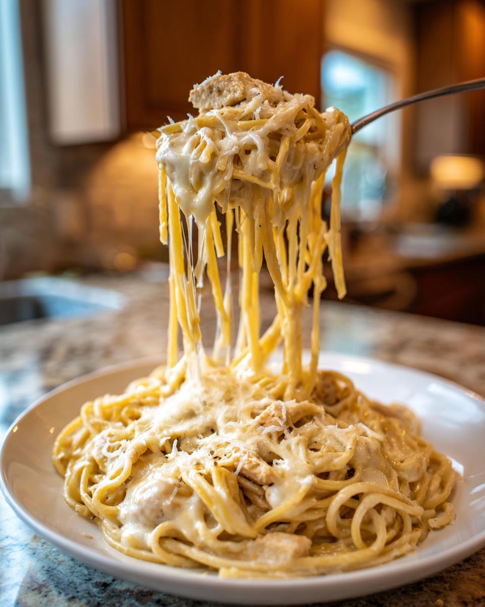A fork lifting a large, cheesy portion of Monterey Chicken Spaghetti, showing long strands dripping with creamy sauce.