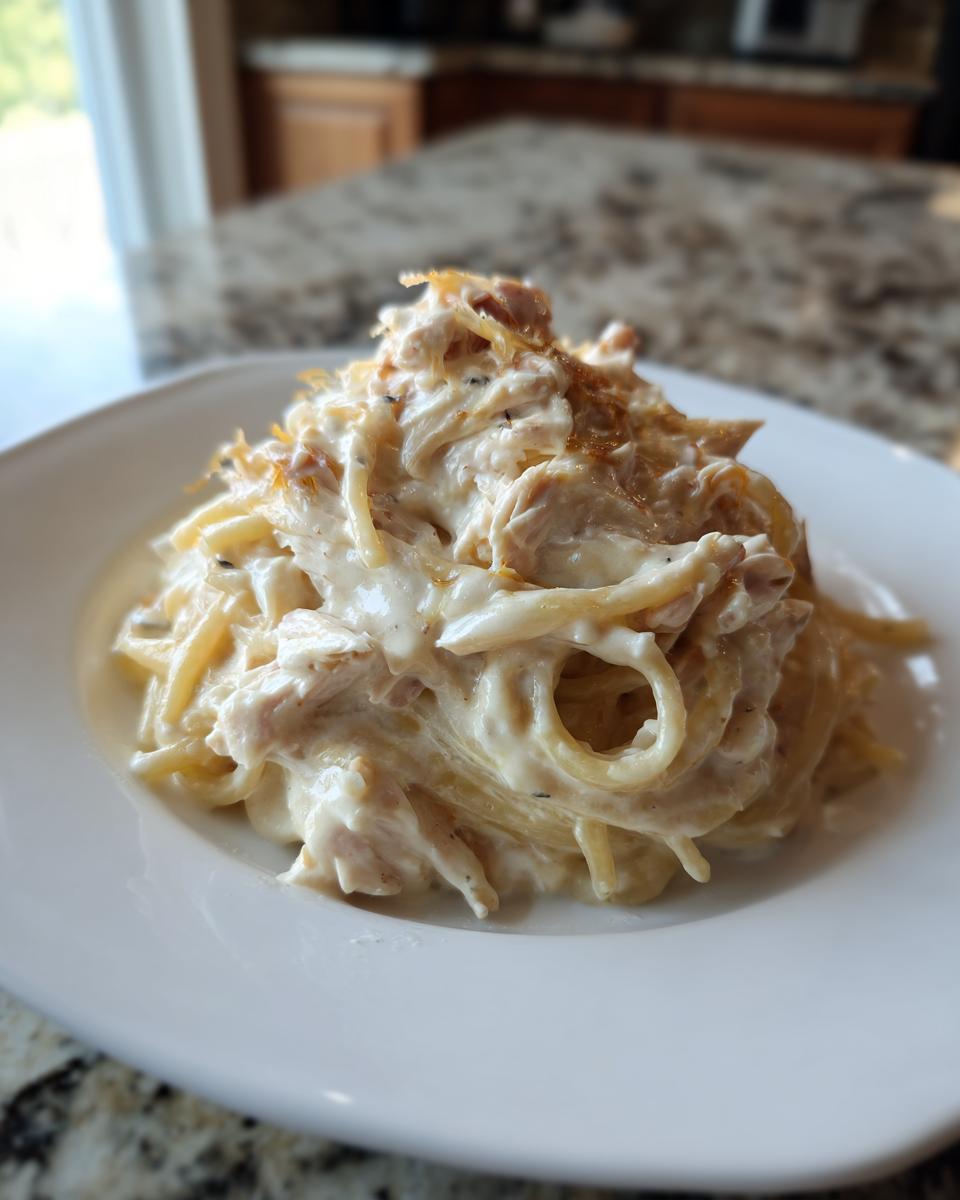 A close-up of a serving of creamy Monterey Chicken Spaghetti piled high on a white plate.