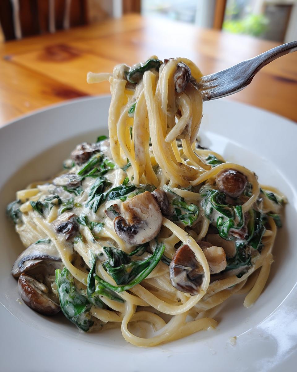 A fork lifts creamy linguine pasta mixed with sautéed mushrooms and spinach, showcasing the amazing mushroom pasta dish.