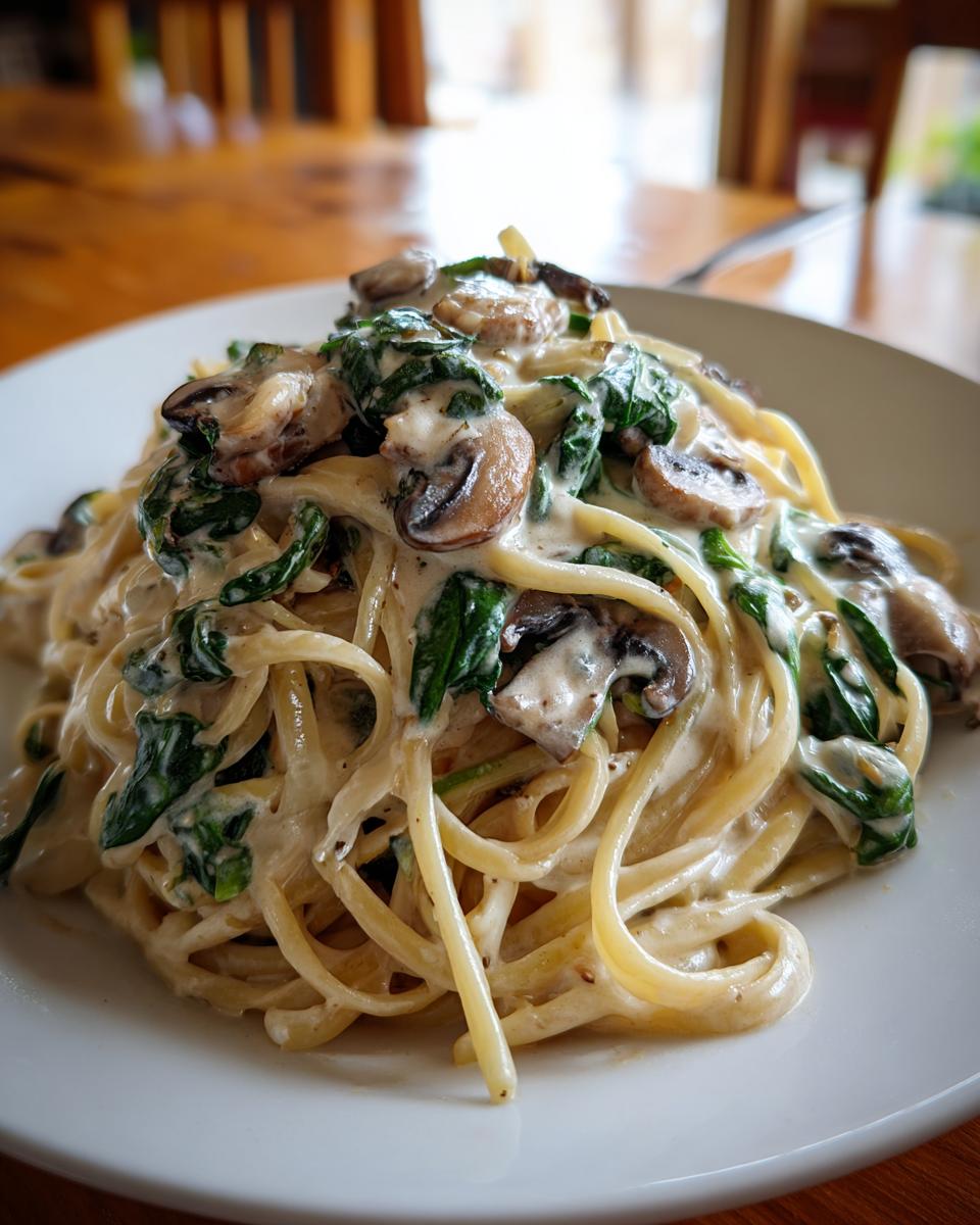 Close-up of creamy mushroom pasta featuring linguine, sliced brown mushrooms, and wilted spinach in a rich white sauce.