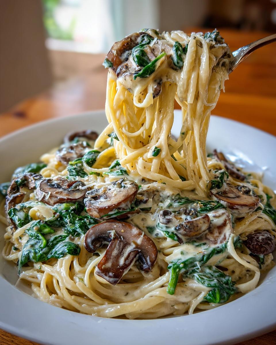 A fork lifting creamy fettuccine pasta loaded with sautéed mushrooms and spinach, showcasing the amazing mushroom pasta dish.