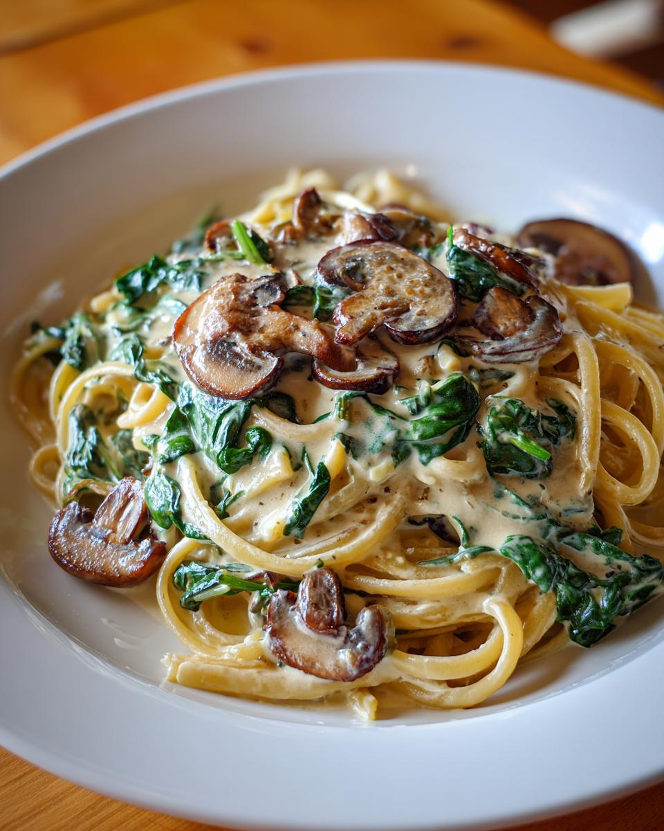 Close-up of creamy mushroom pasta featuring linguine, sautéed mushrooms, and wilted spinach in a rich white sauce.