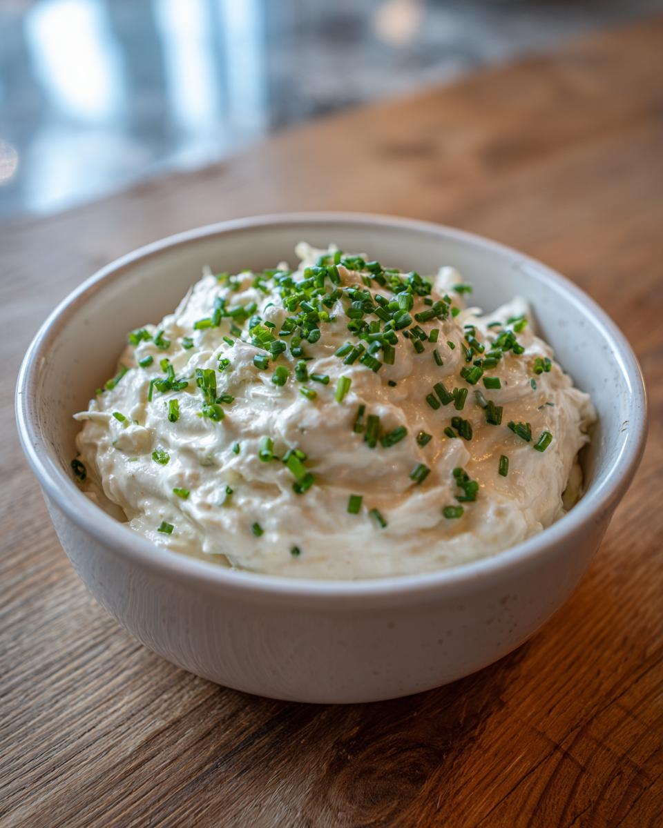 A white bowl filled with creamy onion dip, generously garnished with chopped green chives.