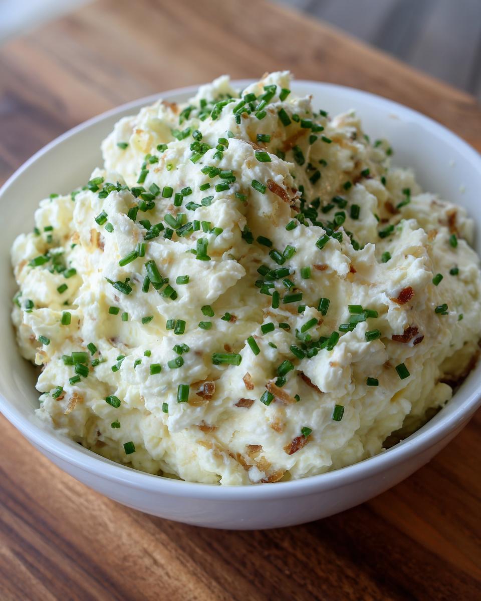 A bowl of creamy, whipped onion dip generously topped with fresh green chives and crispy bacon pieces.