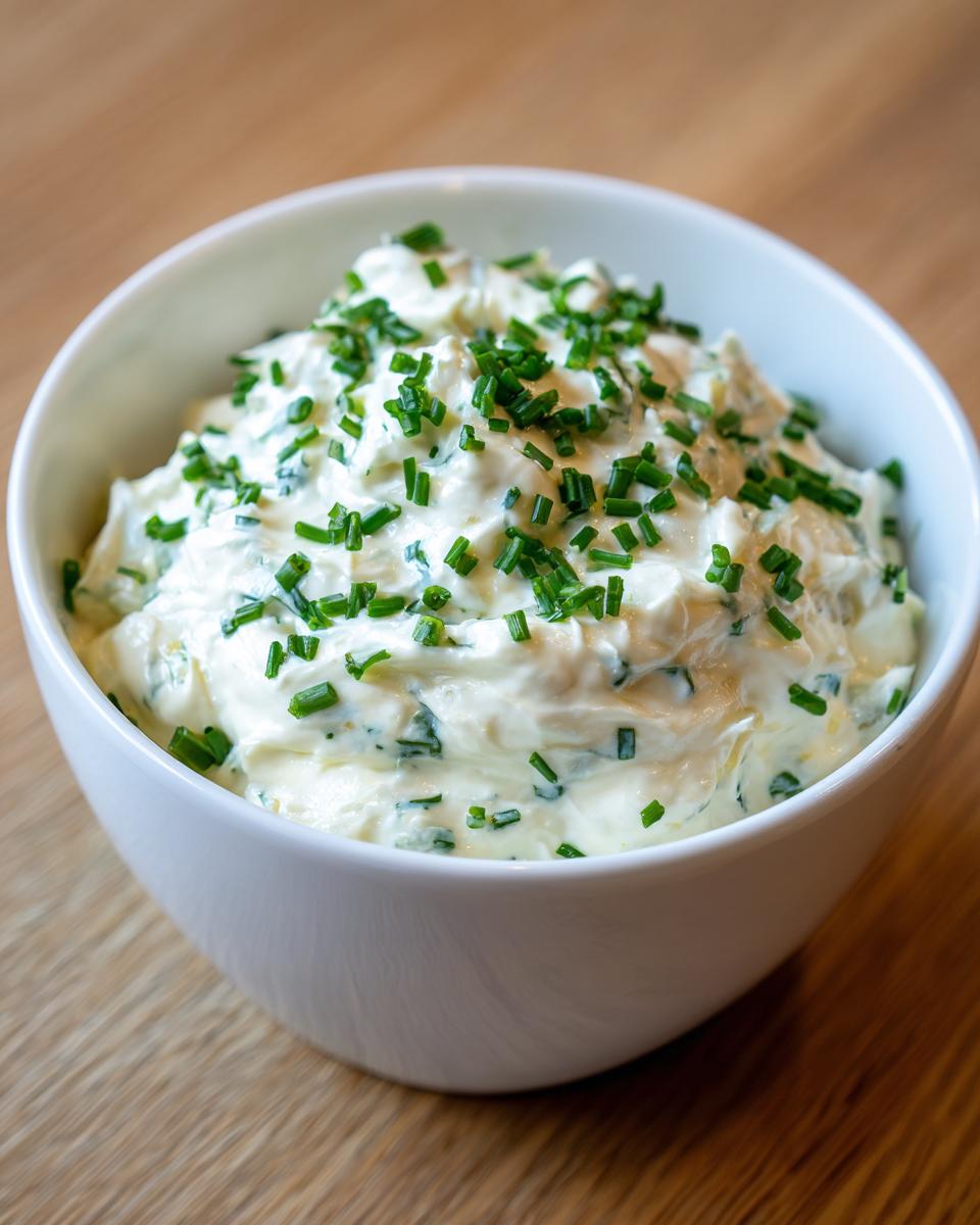 Close-up of a white bowl filled with creamy onion dip, generously garnished with chopped green chives.