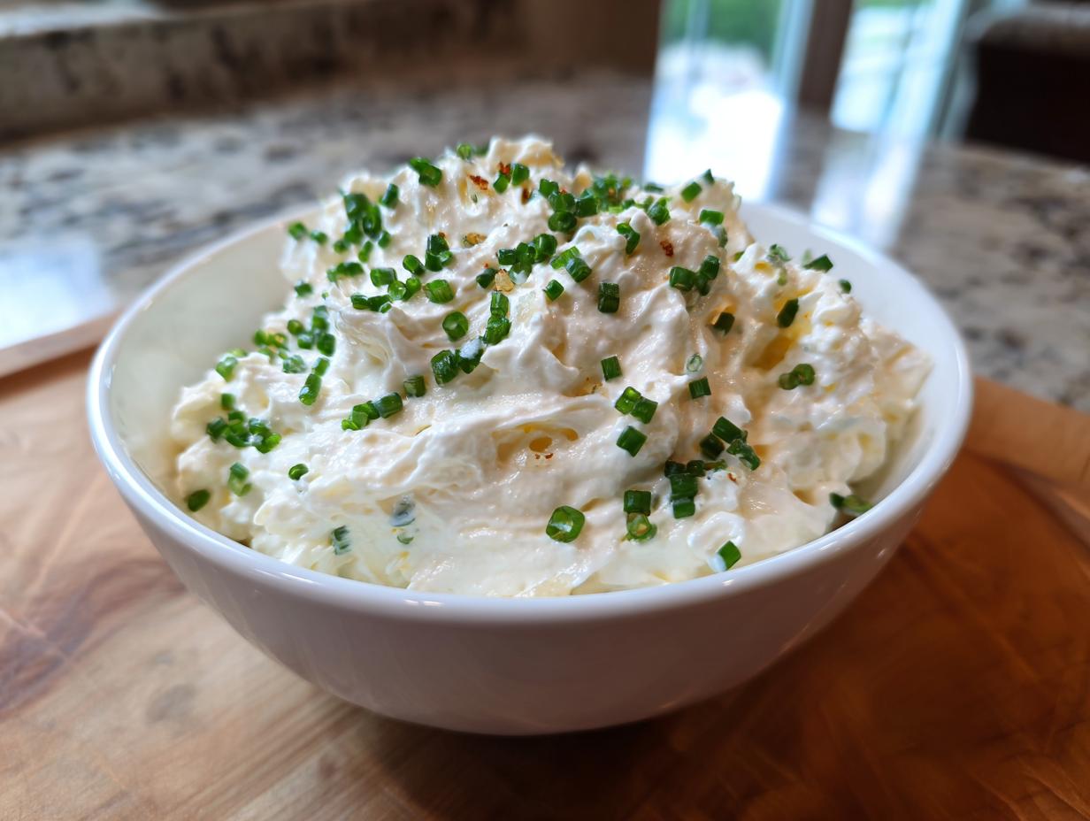 A white bowl filled with creamy, fluffy onion dip, generously garnished with fresh chopped chives.