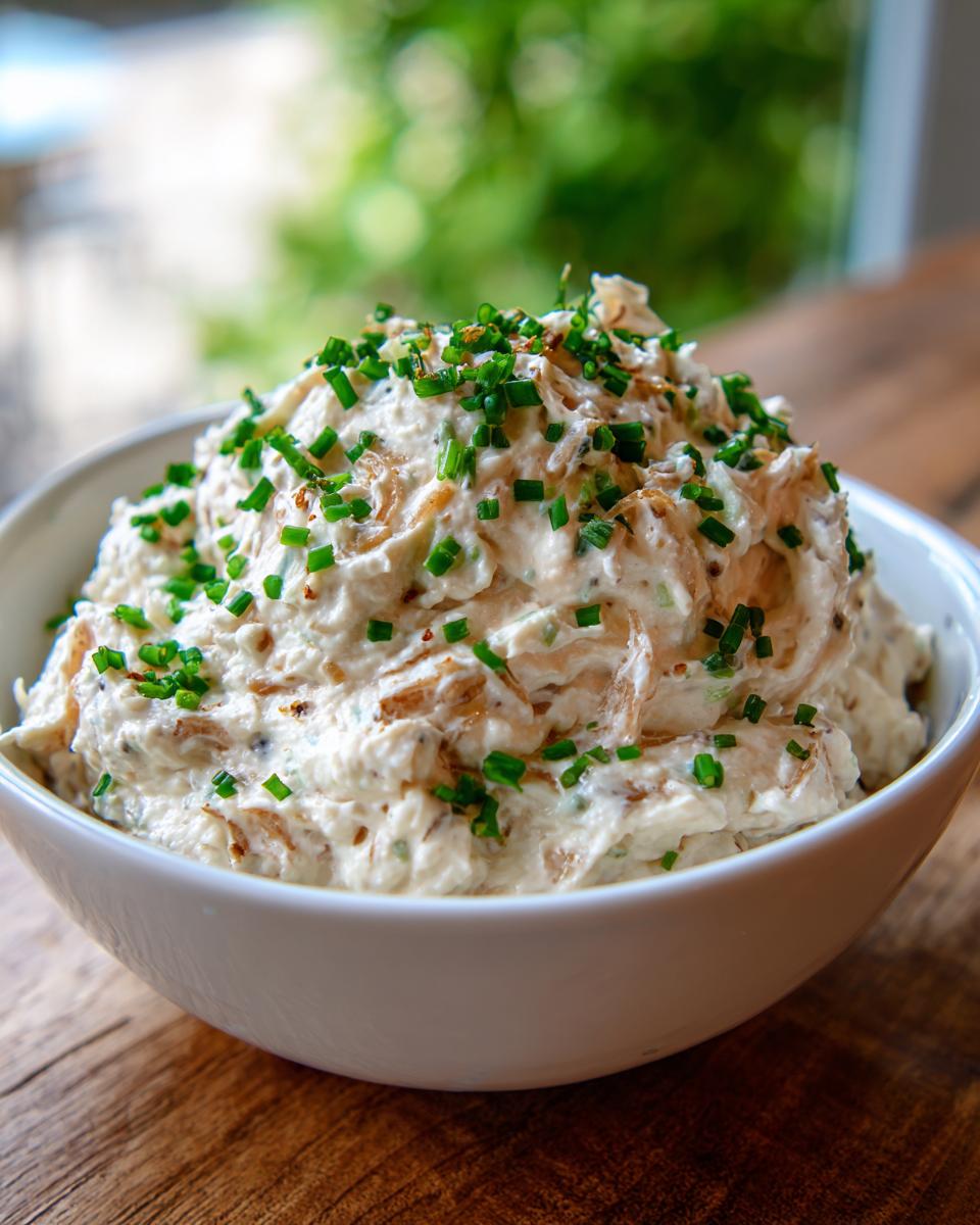 A close-up of a white bowl filled with thick, creamy onion dip, topped generously with fresh chives.