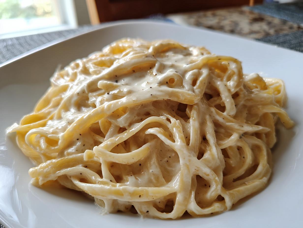 Close-up of fettuccine pasta generously coated in a rich, creamy vegan alfredo sauce, seasoned with black pepper.
