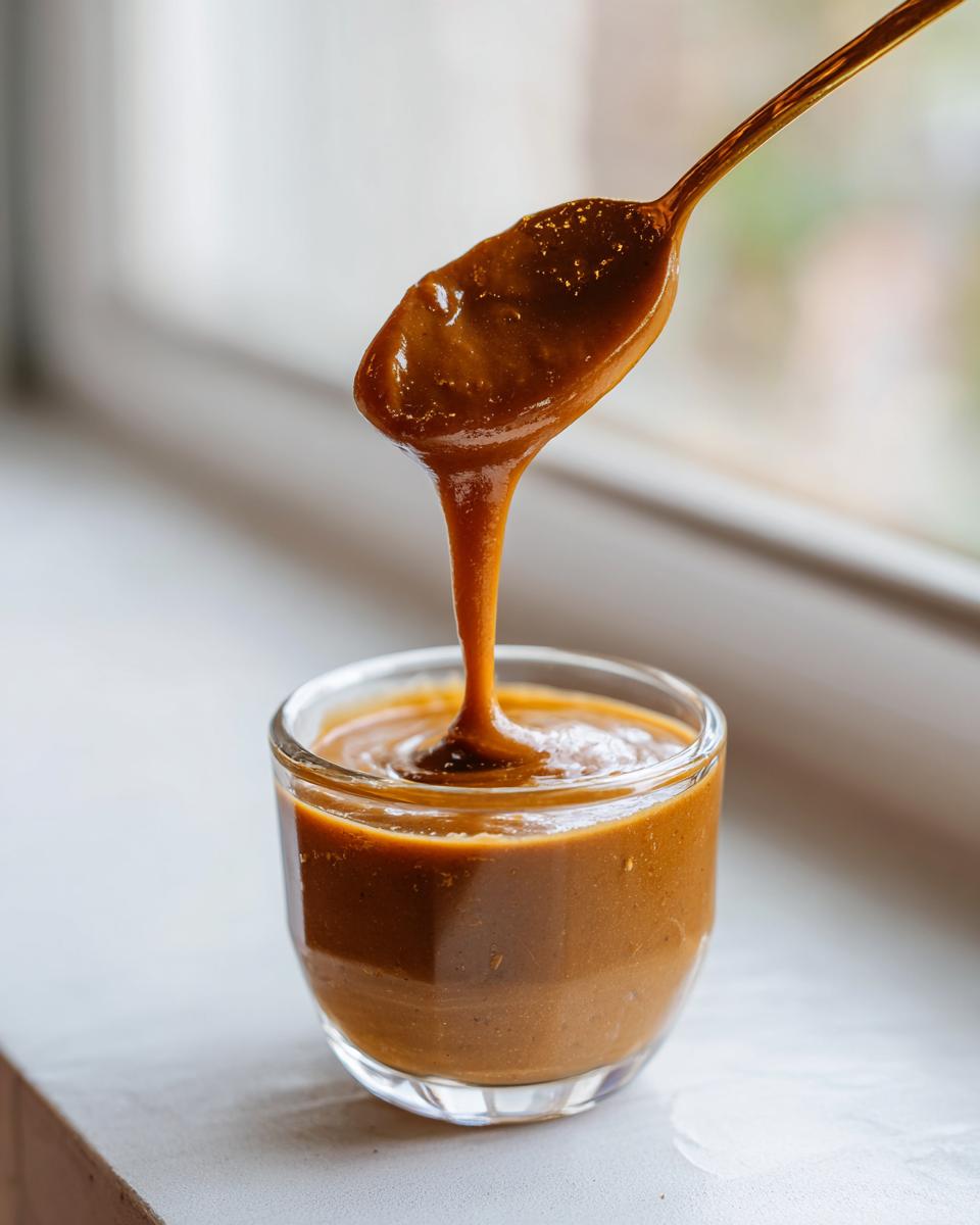 A spoonful of thick, creamy peanut sauce dripping back into a small glass container.