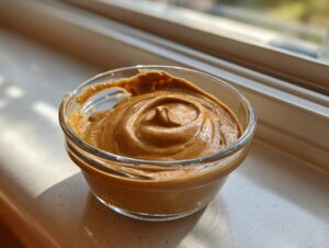A small glass bowl filled with thick, creamy peanut sauce, featuring a swirl on top, sitting by a window.