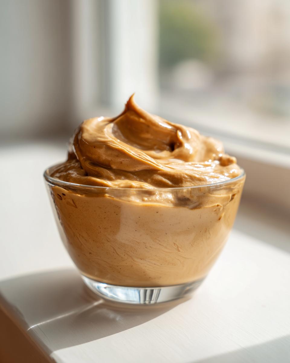 A close-up of thick, creamy peanut sauce swirled high in a small glass bowl, set against a bright, blurred window background.