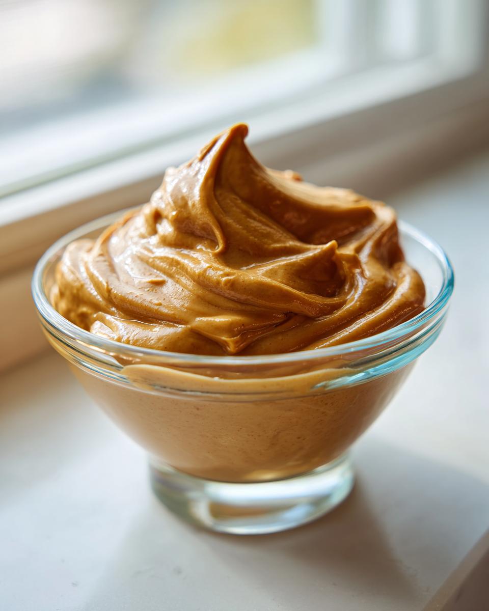 Close-up of thick, creamy peanut sauce swirled high in a small glass bowl, set near a window.