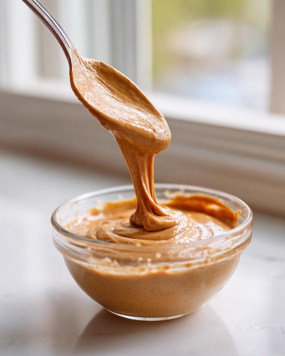 A spoonful of creamy peanut sauce drips back into a small glass bowl, showing its thick texture.