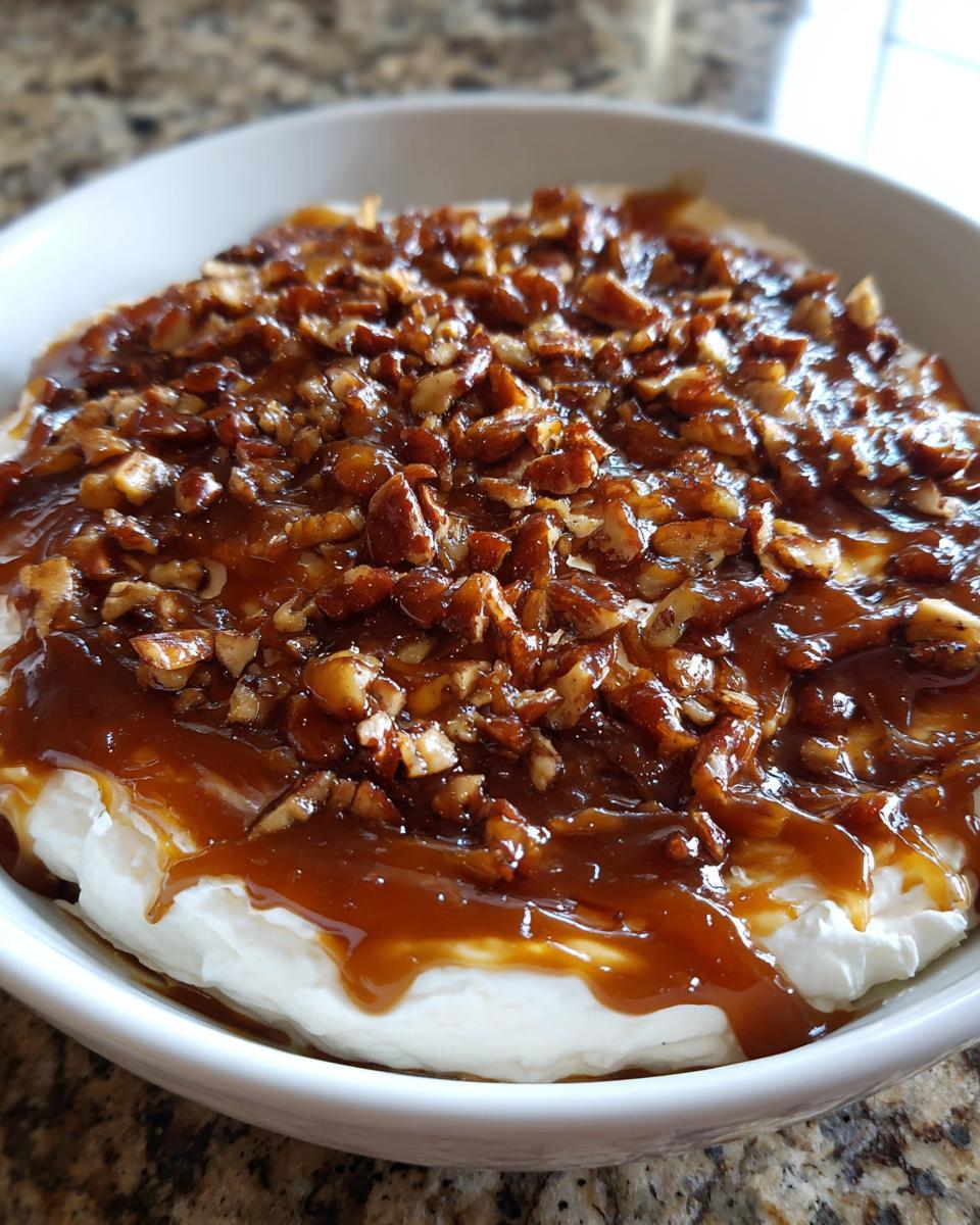 A close-up view of a white bowl filled with creamy pecan pie dip, generously topped with gooey caramel sauce and chopped pecans.