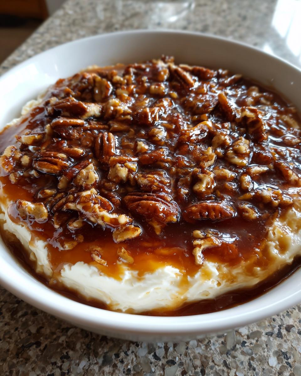 A close-up of a white bowl filled with creamy pecan pie dip, generously topped with glazed pecans.