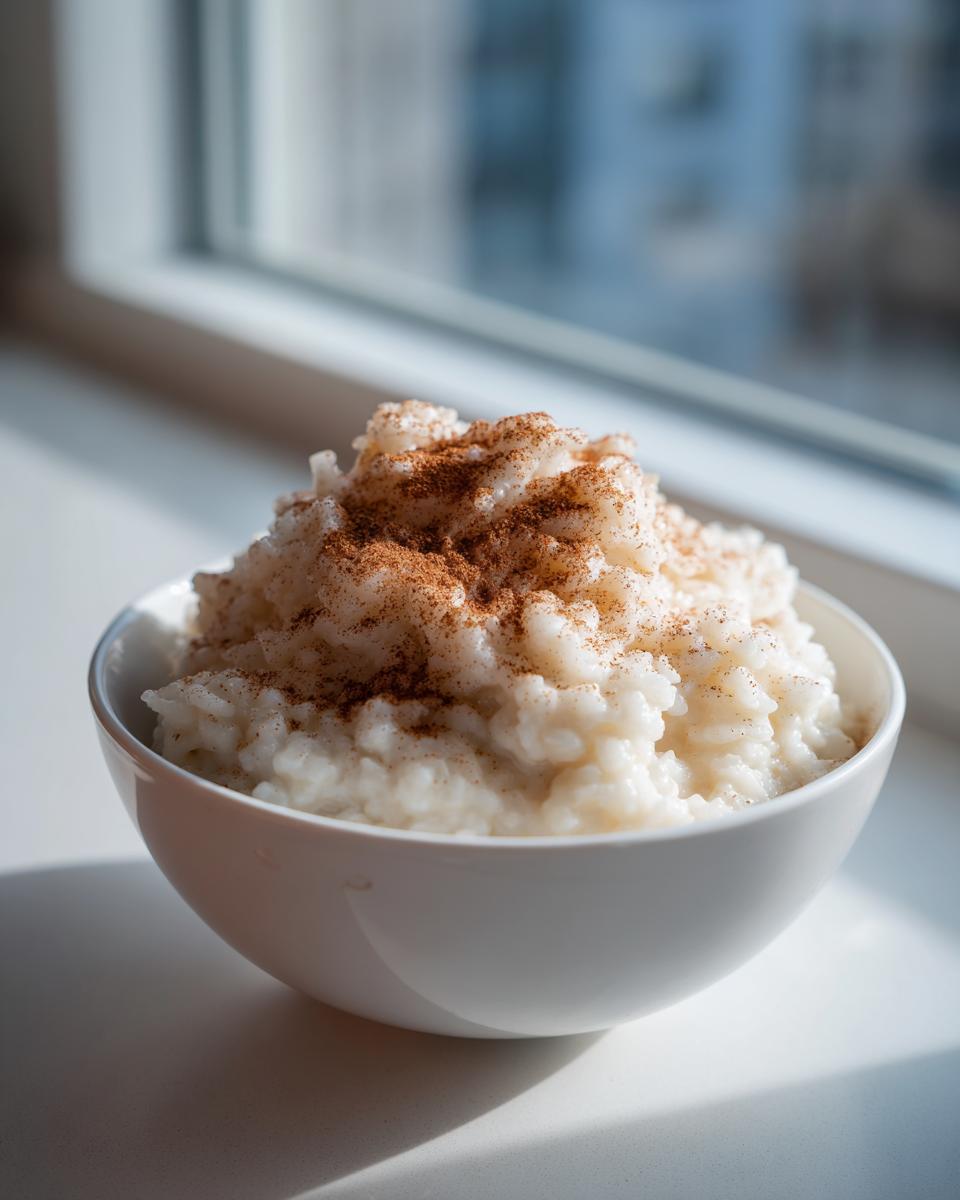 A white bowl filled with creamy rice pudding, generously sprinkled with ground cinnamon.