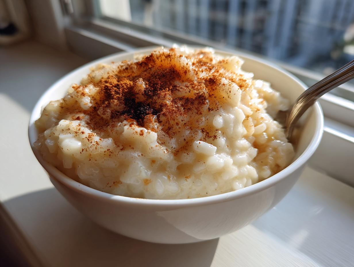 Close-up of a bowl of creamy rice pudding topped generously with ground cinnamon, sitting by a sunlit window.