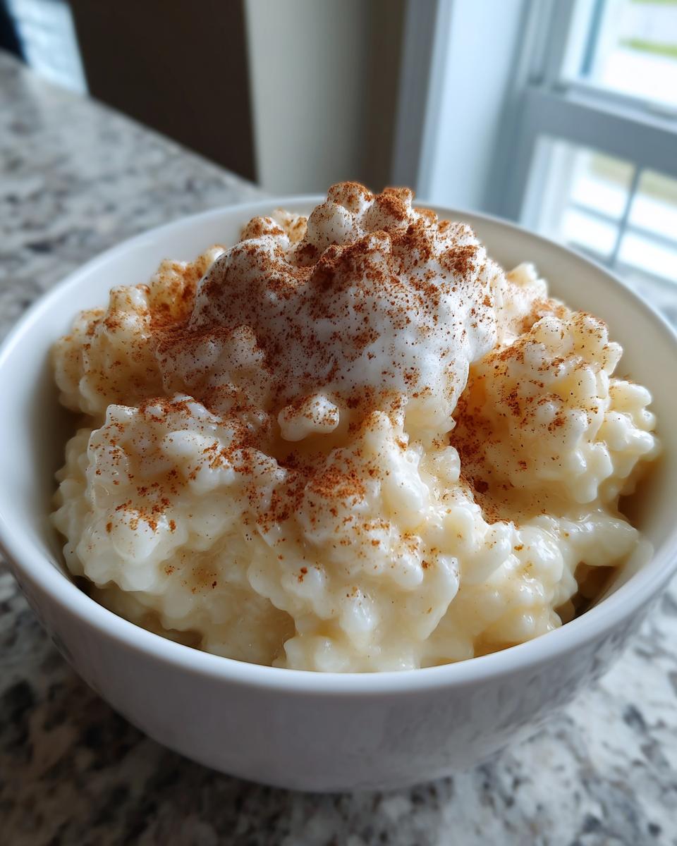 Close-up of creamy rice pudding in a white bowl, topped with whipped cream and a generous dusting of cinnamon.