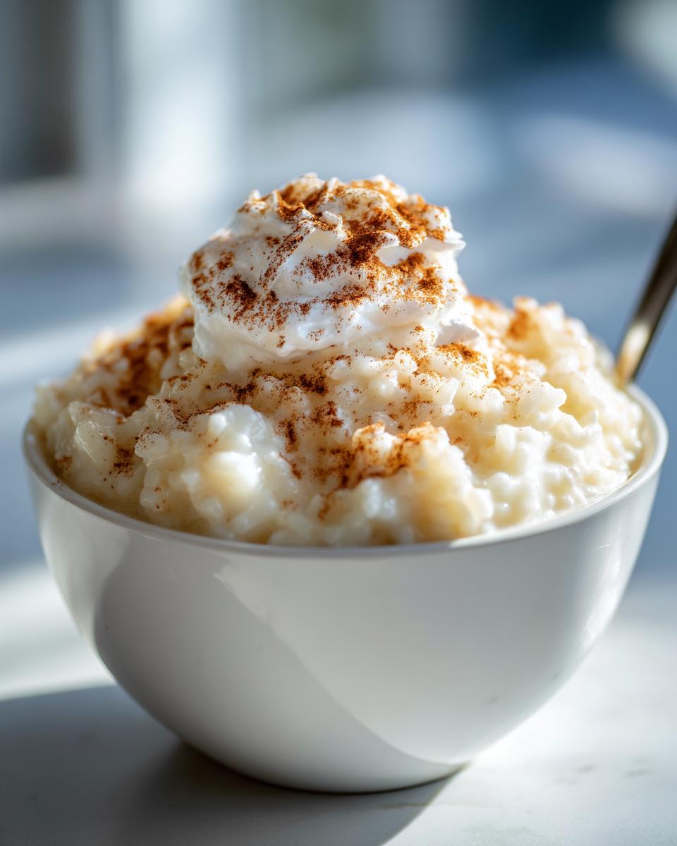 Close-up of creamy rice pudding topped with whipped cream and a dusting of cinnamon.