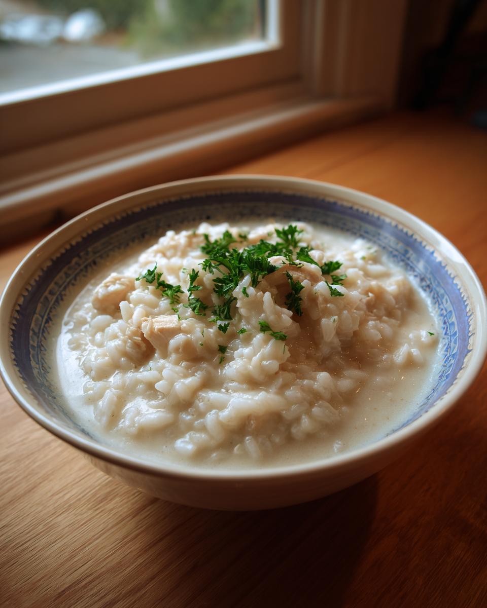 A close-up of a creamy, white rice soup with chunks of chicken, garnished with fresh parsley, served in a patterned bowl.